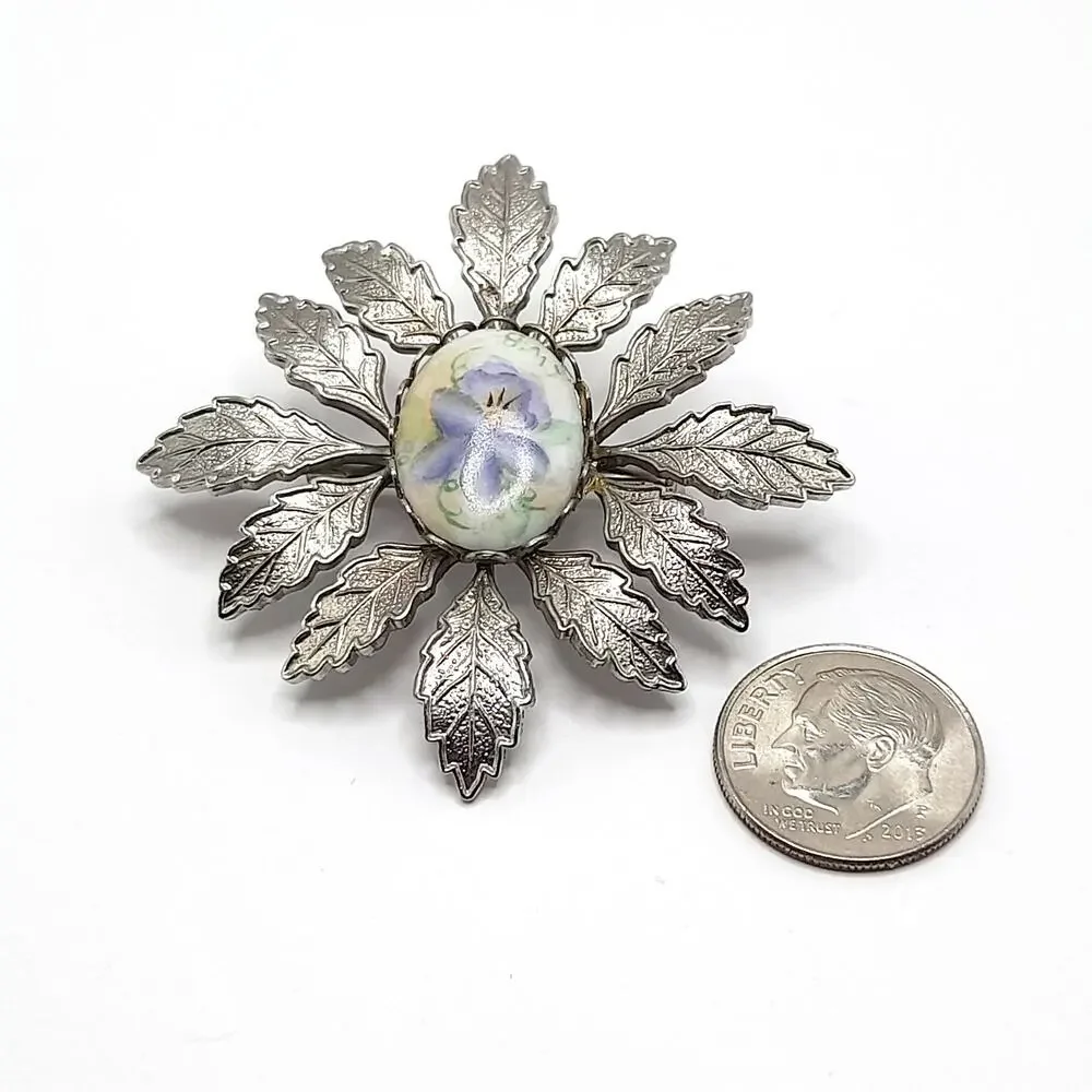 Vintage 1950s Hand Painted Porcelain Floral Brooch Silver Tone Leaf Frame 2